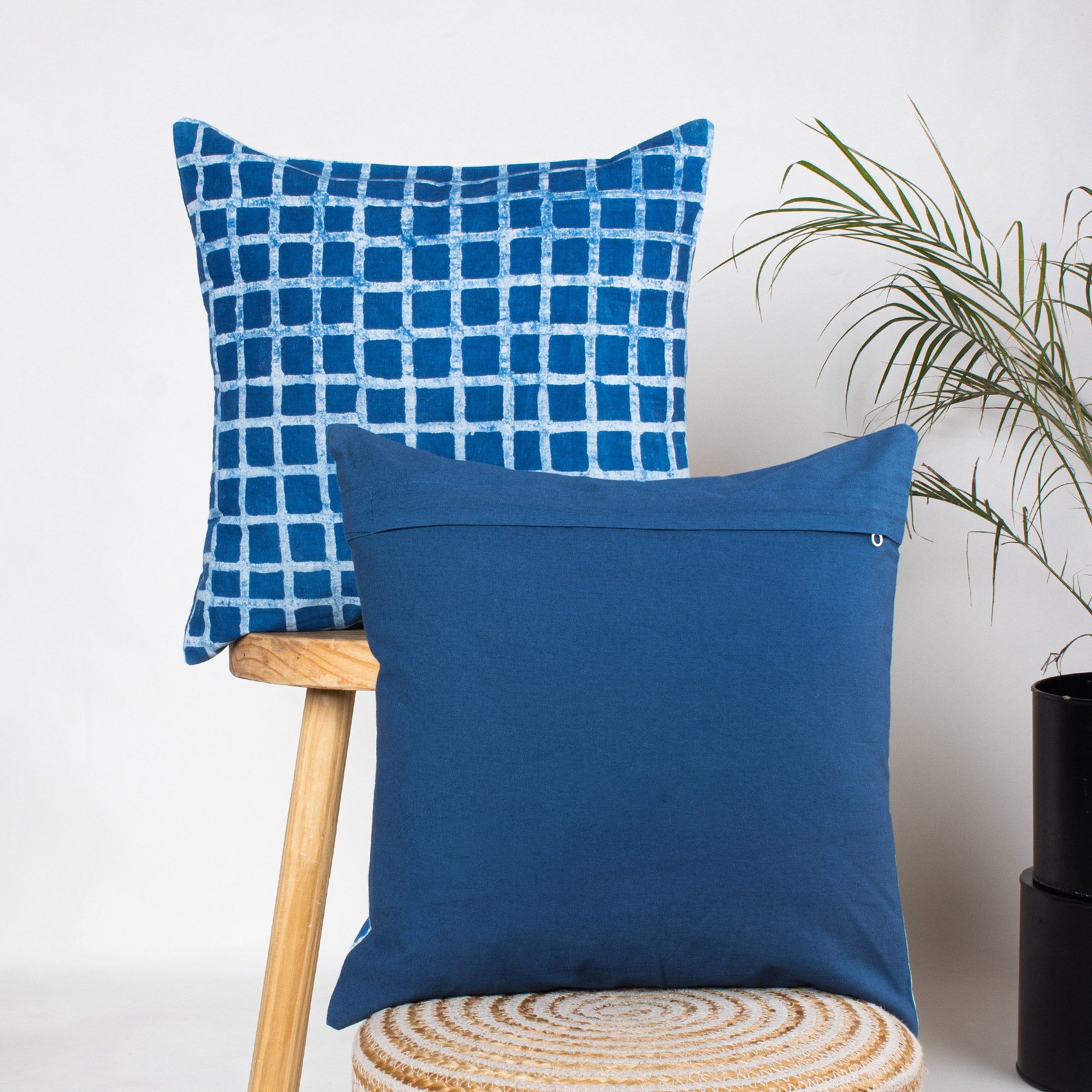 Geometrical Hand Block Cotton Sofa Blue Cushion Covers